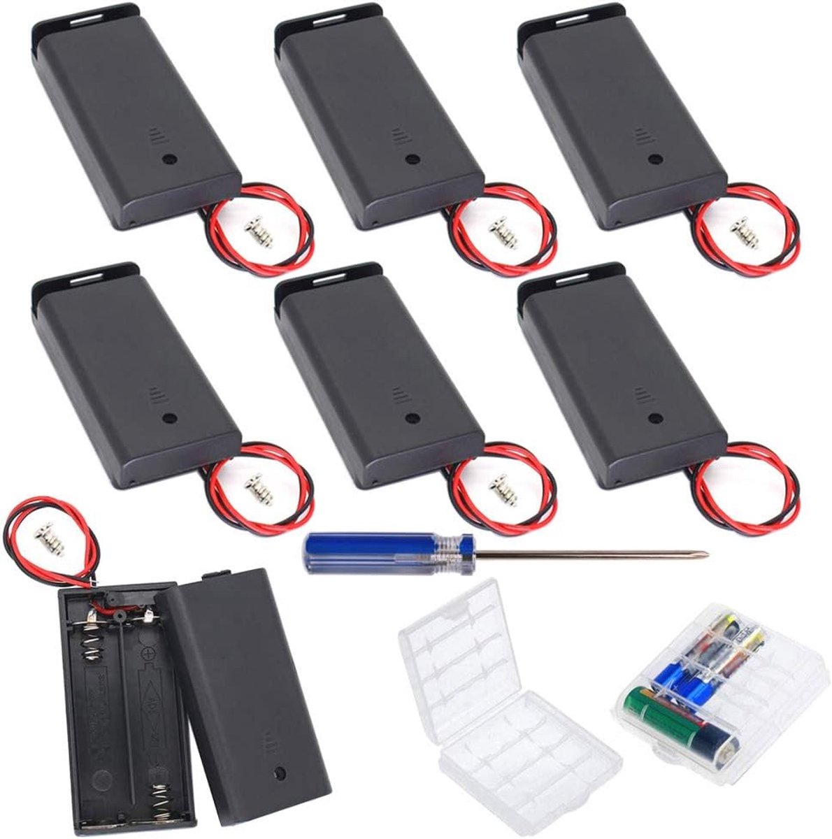 7-delige 2 AA-batterijhouder met schakelaar en deksel, batterijhouder, doos met draden, zwarte plastic batterijhouder met pin, 2X1.5V 3V AA-batterijhouder met kabels, 2-delige mobiele batterij-opbergdoos