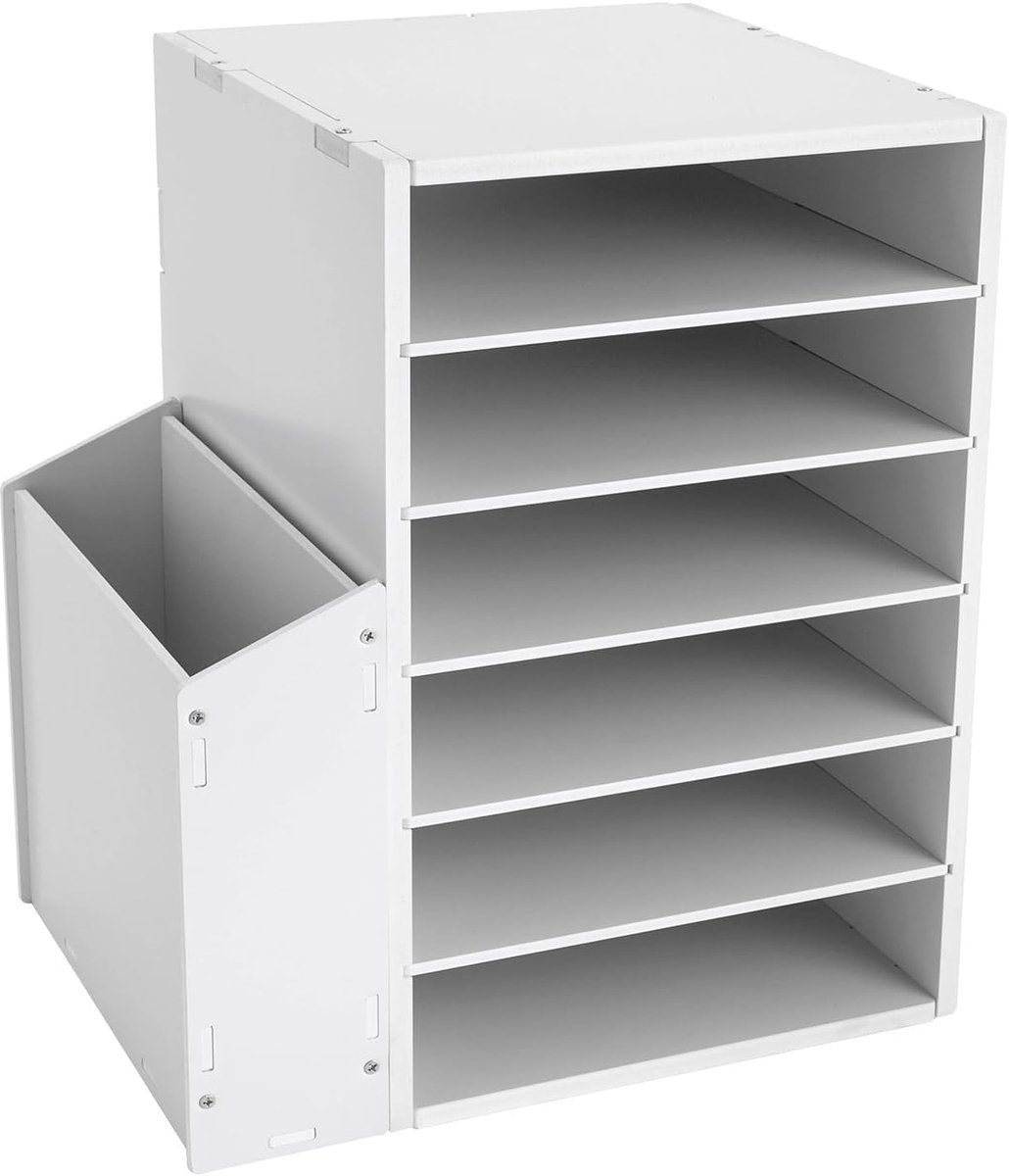 6 vakken, documentenbak, brievenbak, bureau met zijdelingse opbergkast, A4-papierlade, papier, magazijn, organizer, bureaulade voor thuis, kantoor, school, wit