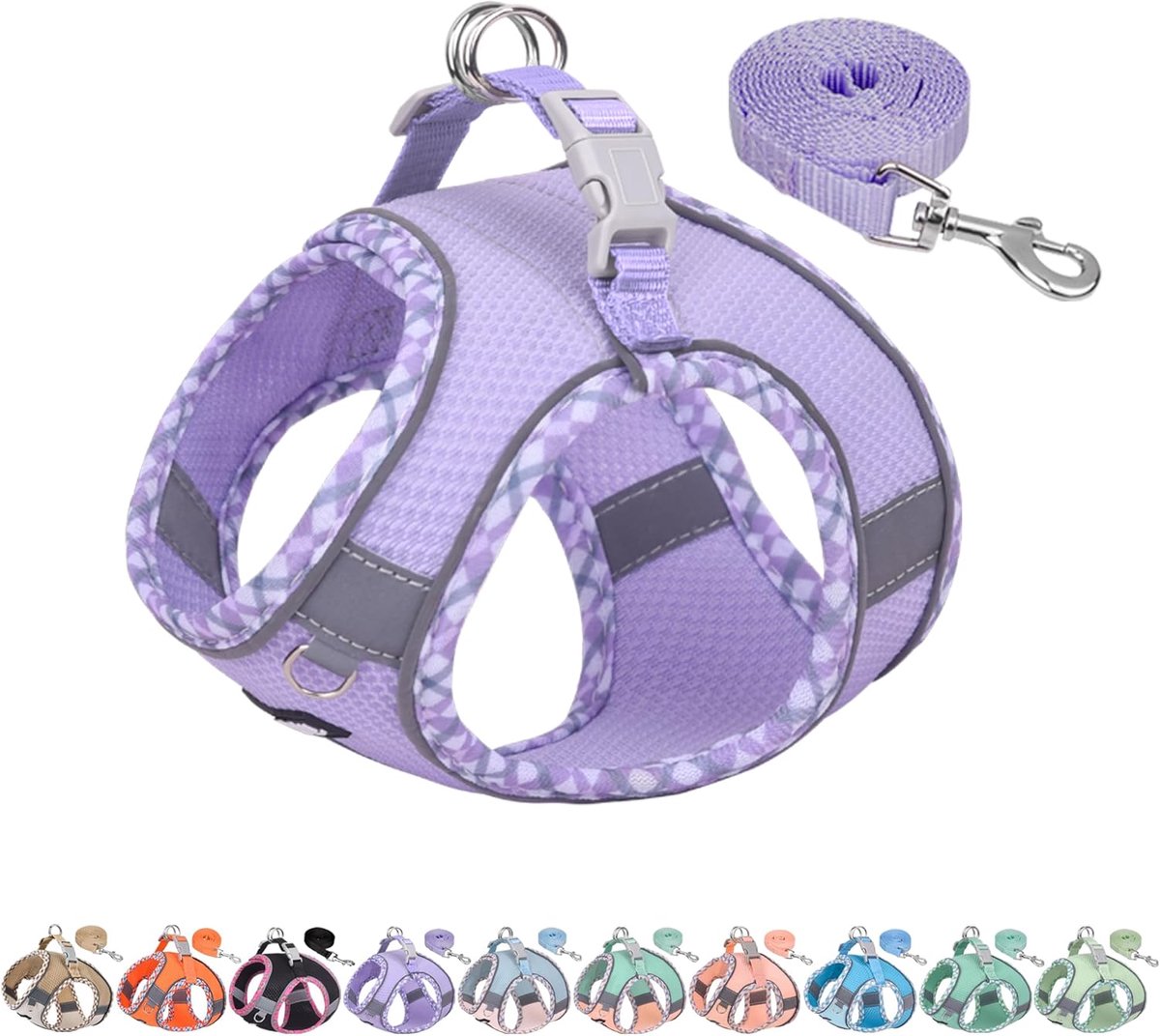 Puppytuigje en leiband, verstelbare zachte vest, magische klittenband, reflecterende veiligheidsstrips, gemakkelijk aantrekken voor poedels, pomeranians, sportschool, wandelen, reizen, paars, S