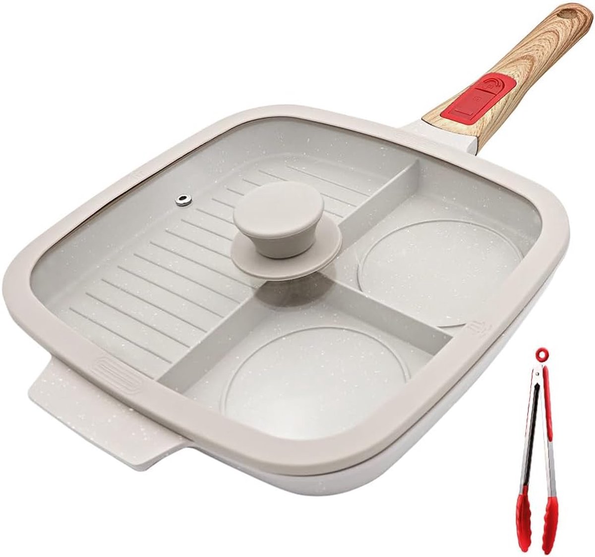Grillpan met deksel en afneembare handgreep, steakpan, inductie, 3-in-1 - wit
