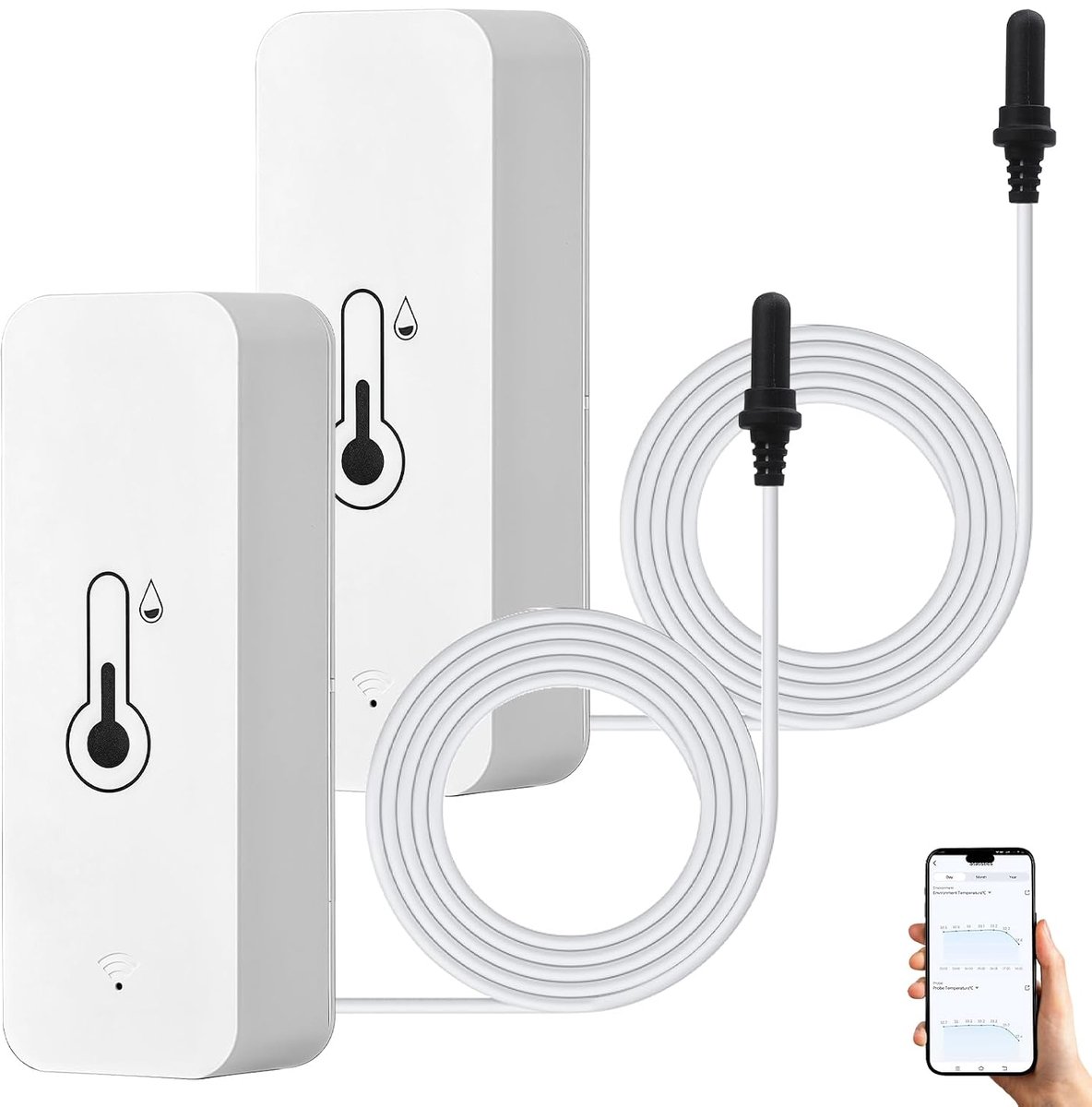 2 stuks wifi hygrometer thermometer sensor: smart wifi thermometer hygrometer met externe sensor, binnen buiten voor vriezer, aquarium, app-alarm, afstandsbediening monitor, werkt met Alexa