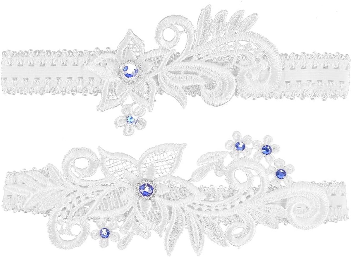 2 stuks bruidsjarretellen voor de bruid, witte kanten jarretellen, jarretellen met bloemenmotief en blauwe strass-steentjes, bruidsjarretellenset voor bruiden en vrouwen, wit