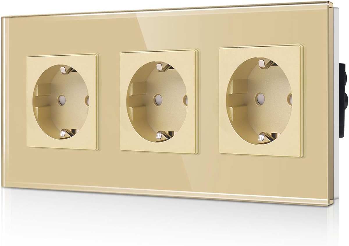 Glazen drievoudig stopcontact, inbouw in goud, drievoudig Schuko-stopcontact met kinderslot, 16 ampère, beschermend, met glazen frame