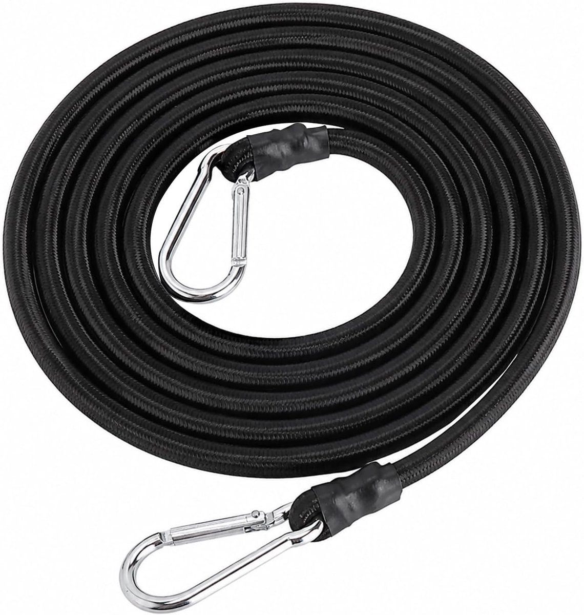 Spanrubber met karabijnhaak, 4 m x 8 mm, rubberen spanner voor camping, bagage, motorfiets | Zwart 8 mm expandertouw met latexkern, nylon hoes en dikke legering karabijnhaak voor bagage, motorfiets en fiets