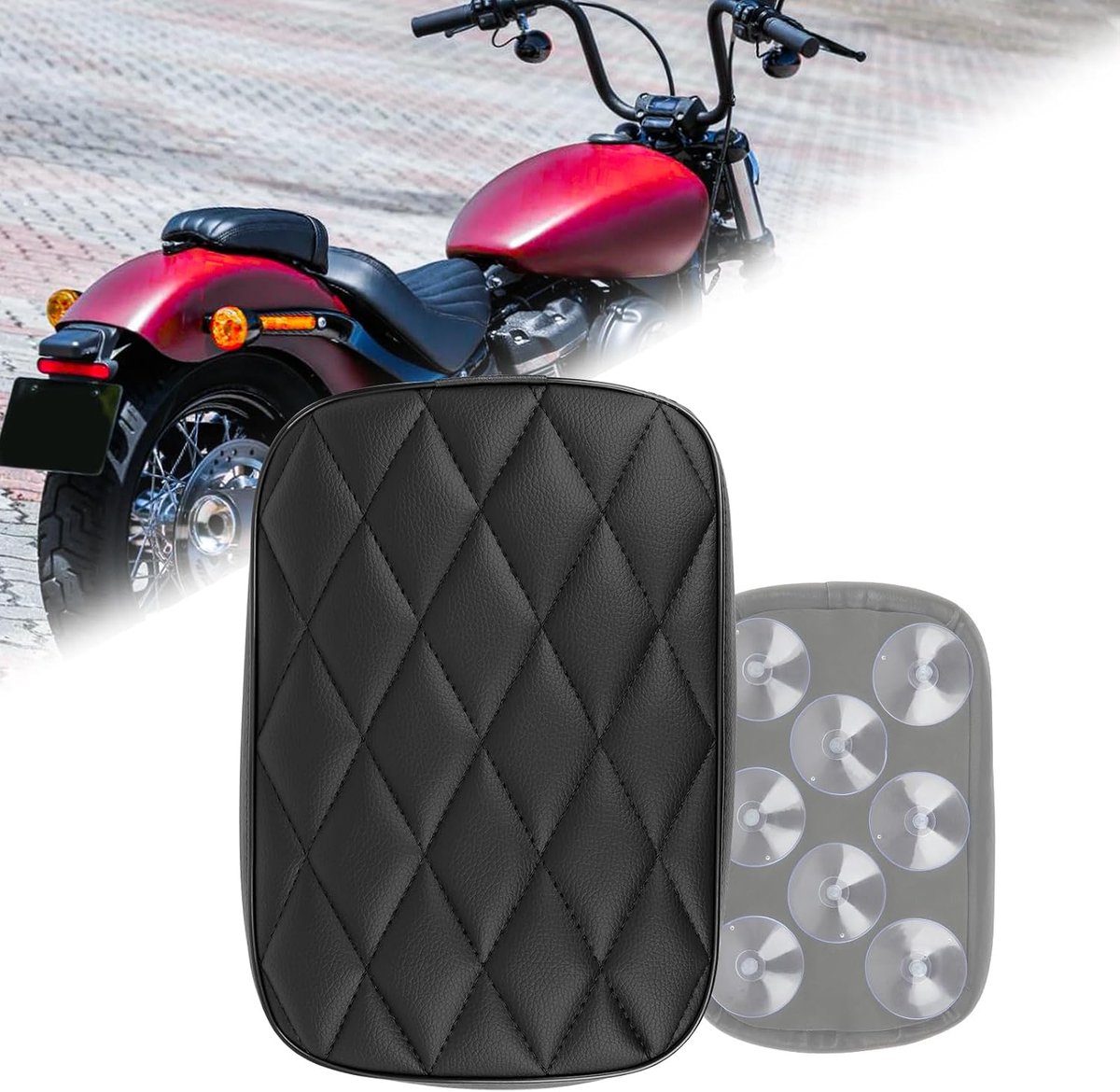 Motorfiets achterpassagierskussen, 8 zuignappen motorfiets achterzitkussen compatibel met Harley Sportster XL 883 1200 Dyna Softail Touring Cruiser Chopper Custom