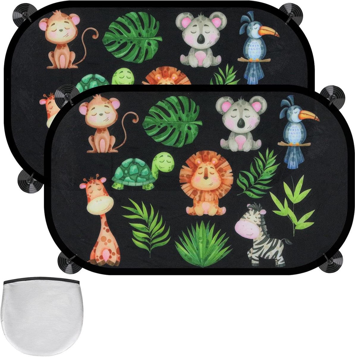Zijruiten met zuignappen | UV-bescherming, dierenmotief, opvouwbaar, met tas en 8 zuignappen, voor zomer, auto, reizen en ramen, verduistering