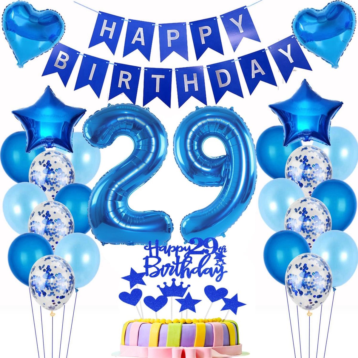 Ballonnen 29e verjaardag decoratie man blauwe set + 29e verjaardag taart decoratie blauwe set folieballon 29e verjaardag decoratie blauw verjaardagsdecoratie 29 jaar man man 29 jaar jongen verjaardagsdecoratie mannen