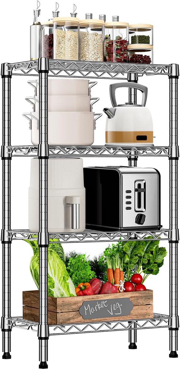 MZG Metalen Opbergrek met Verstelbare Planken, 4-Laags Stellingkast voor Keuken, Berging, Wasruimte en Garage, Vrijstaand Draadrek, 30×55×100,3 cm, Draagvermogen tot 454 kg, Chroom
