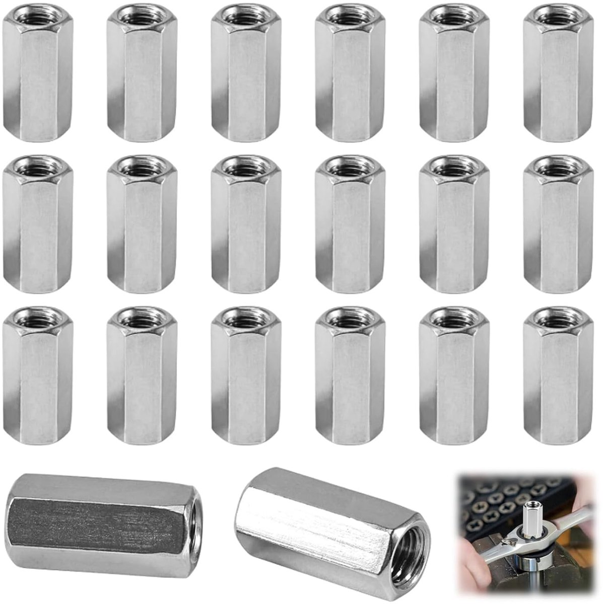 20 stuks M6 hulsmoeren, kruismoerbouten & schroefdraadhuls van 304 roestvrij staal, zeskantmoer (M6 × 20 mm, zijl. 10 mm, H. 20 mm), hoogwaardig voor bevestigingswerkzaamheden, machinebouw en