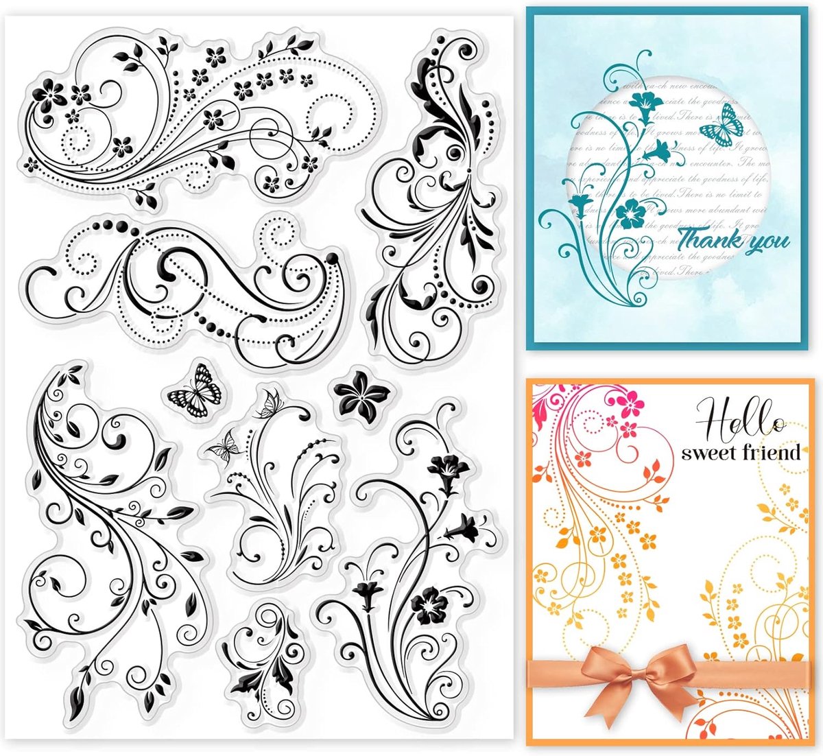Bloem Wijnstok Kant Duidelijke Stempels Decoratieve Bloeien Vlinder Siliconen Duidelijke Stempel Zegels Voor Kaarten Maken DIY Scrapbooking Fotodagboek Album Decoratie, 21 x 14,8 cm/8,3 x 5,8 inch