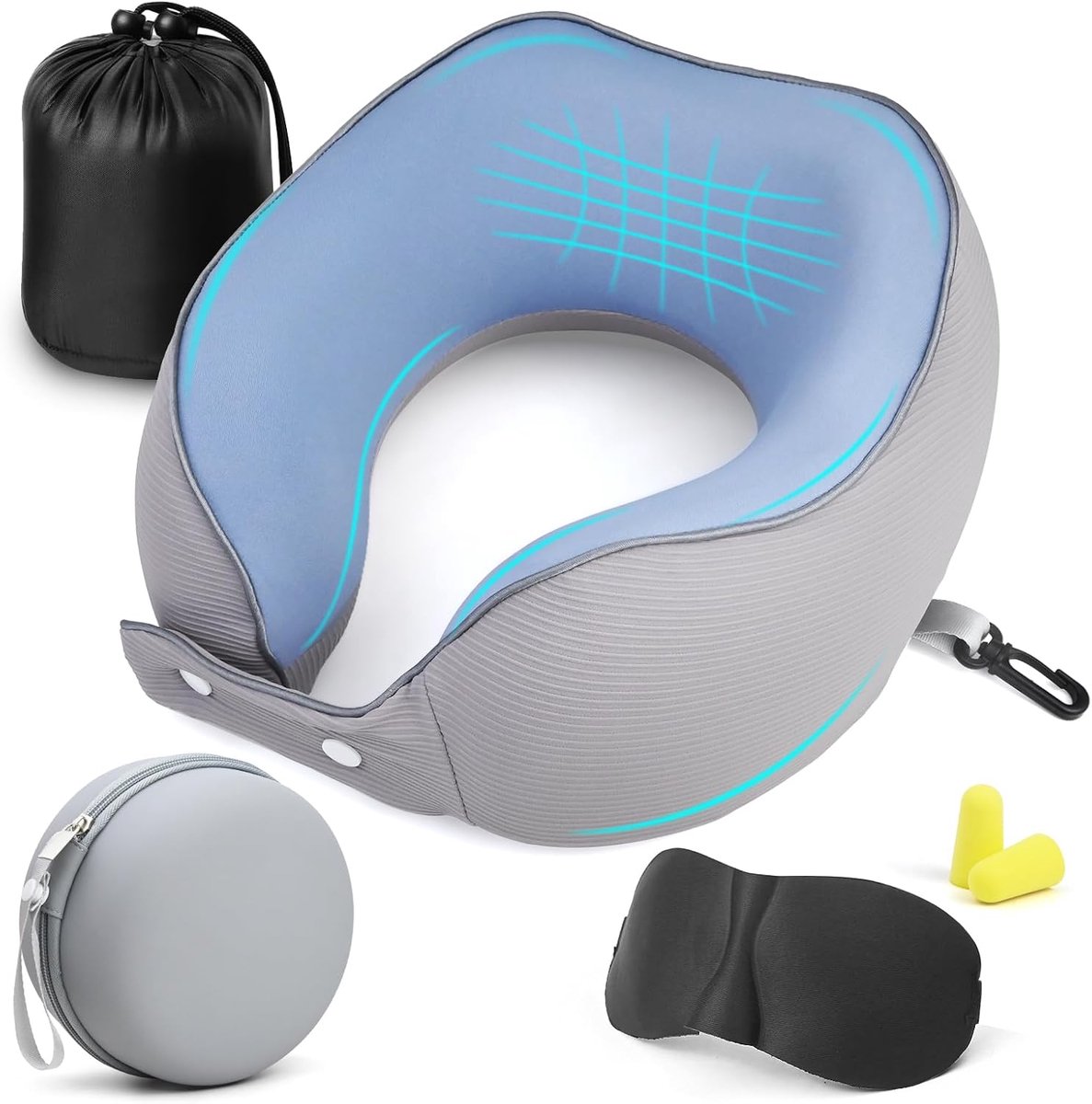 vliegtuig, nekkussen voor volwassenen, verstelbaar reiskussen, reiskussen, vliegtuig, traagschuim, ergonomisch design, met opbergtas, oogmasker en oordopjes