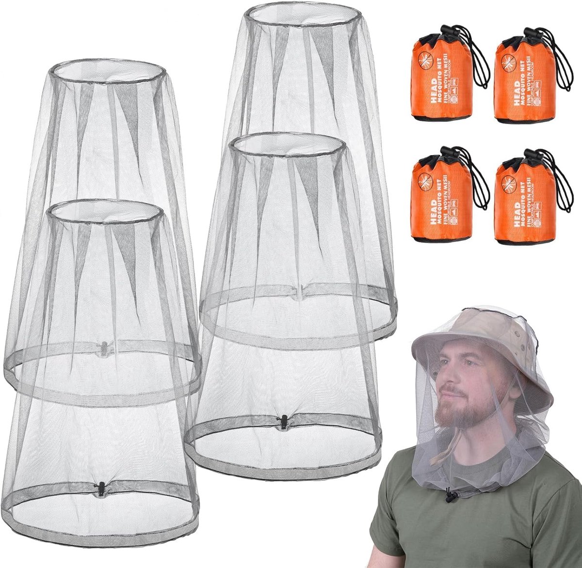2 stuks muggennet voor het hoofd, herbruikbaar, insectennet, ademend, verstelbaar, geschikt voor outdoorliefhebbers, klimmers, vissers, imkers (grijs)