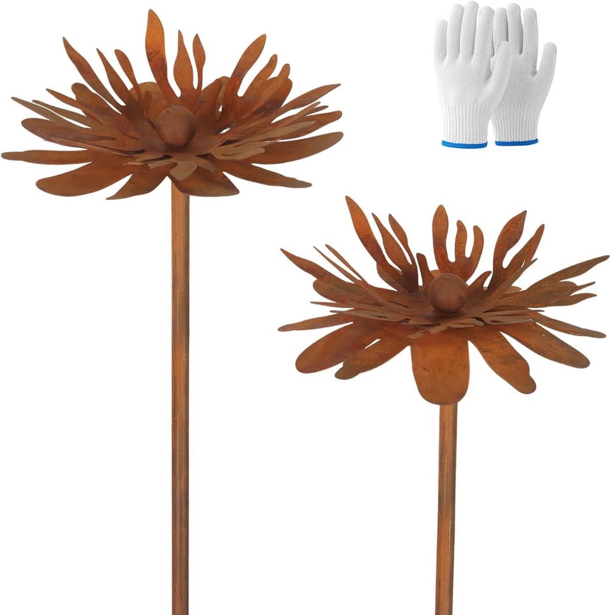 Set van 2 roestdecoratie voor tuin, tuindecoratie, roest met handschoenen, tuinsteker, metaal, bloem, chrysant, tuindecoratie voor buiten, weerbestendig, plantensteker, natuurlijk roest, plantensteker
