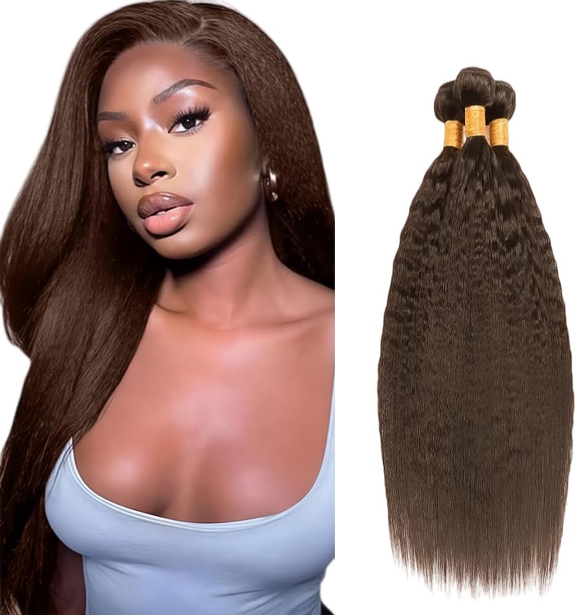 Human Hair Extension Yaki Straight menselijk haar Bundles Unprocessed Brazilian Virgin Hair #4 Chocolate Brown Minimal detachment For Women 3 Bundles Total 150g 16 18 20 Inch