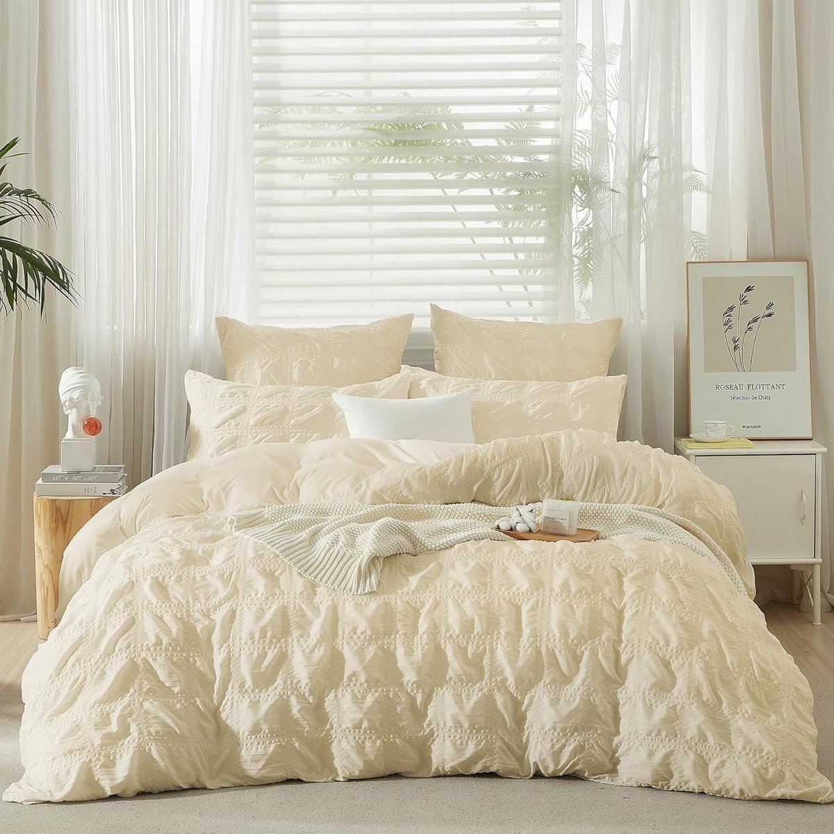 Beddengoed, 220 x 240 cm, beige, geel, geruit, zacht, wollig, ademend, dekbedovertrek, microvezel, 3-delig, met ritssluiting en 2 kussenslopen van 80 x 80 cm