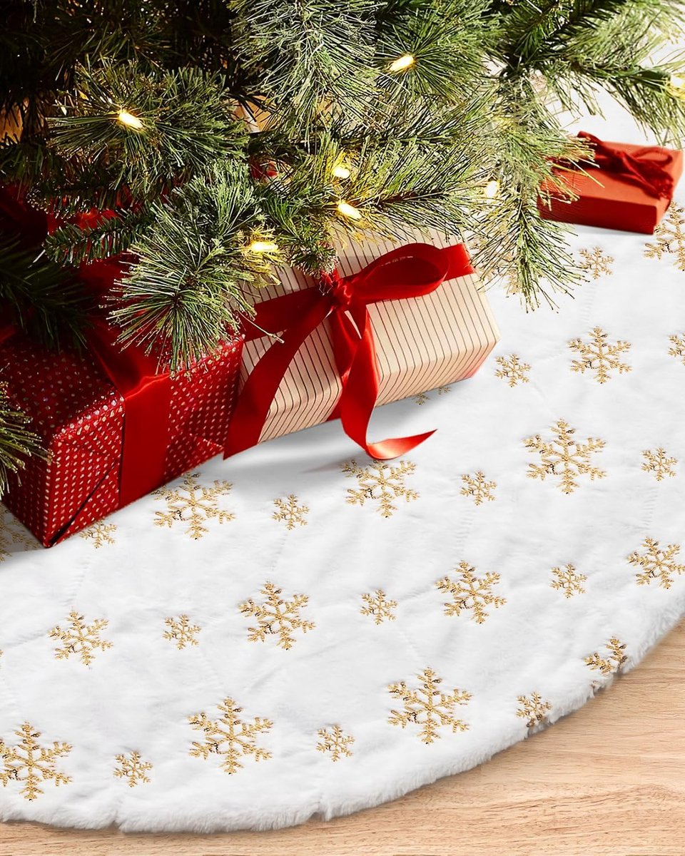 122 cm kerstboomdeken voor kerstboom vakantie party decoraties wit pluche gouden pailletten sneeuwvlok (goud)