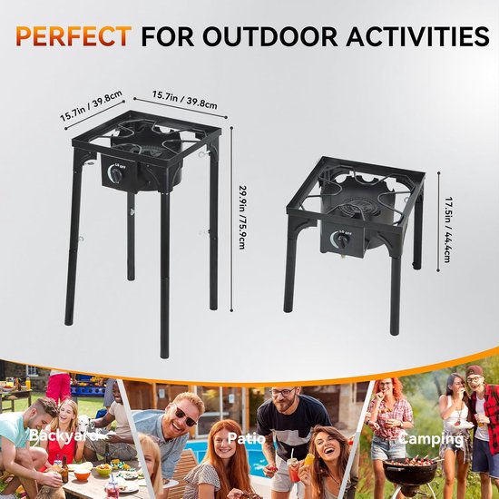 Hockerkooktoestel, gas, 10 kW, met afneembare voeten, campingkooktoestel, inclusief 1,5 m slang en 50 mbar drukregelaar, 4-potige gaskoker voor camping en outdoor — afbeelding 2