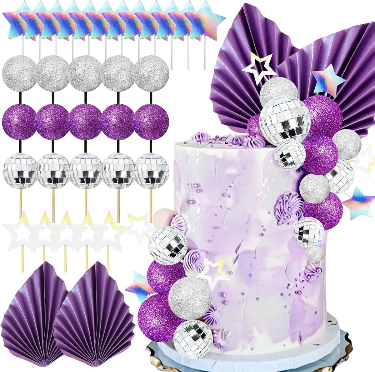 Lila disco ball kuchendeko dancing queen 80er tortenfigur | Lila Disco Ball Taartversiering Dancing Queen Jaren Tachtig Taartdecoratie Zilveren Glitterbol Cakeversiering