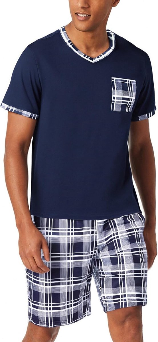 Korte herenpyjama, geruit, katoen, V-hals, tweedelige pyjama met korte mouwen, T-shirt en geruite pyjamabroek