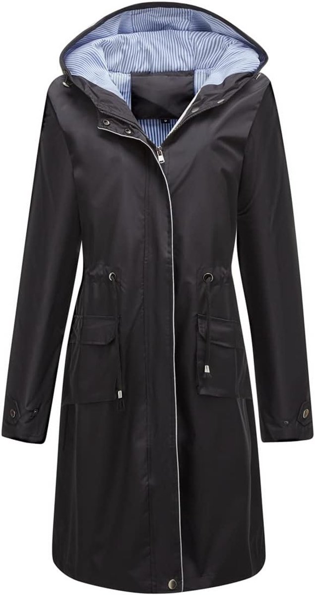 Damesmantel, waterdicht, elegant, winddicht, met capuchon, lange regenjas, slim fit, effen kleur