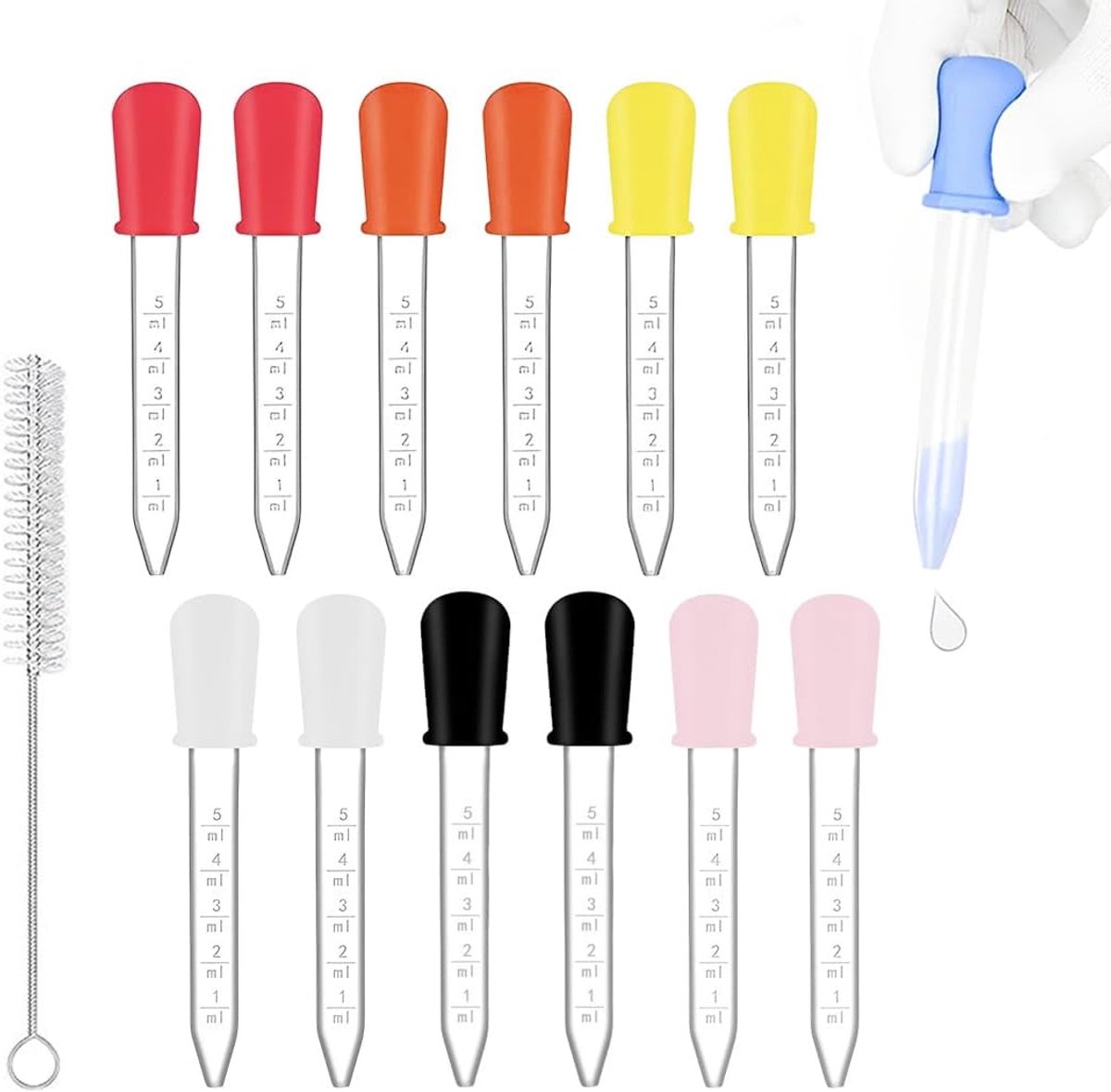 12 stuks pipetten, 5 ml, kunststof druppelpipet, siliconen druppelaar met schone borstel, vloeibare dispenser, druppeloverdracht voor gummy snoep, planten, huisdieren