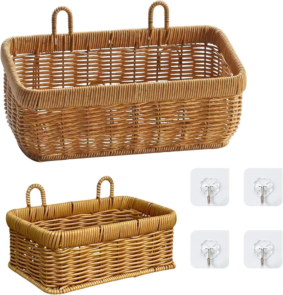 Wandmand, 2 hangmanden van rotan voor opslag | 28 x 13 x 16 cm en 21,5 x 8 x 12,5 cm, voor keuken, woonkamer, slaapkamer, kantoor, balkon, tuin, terras