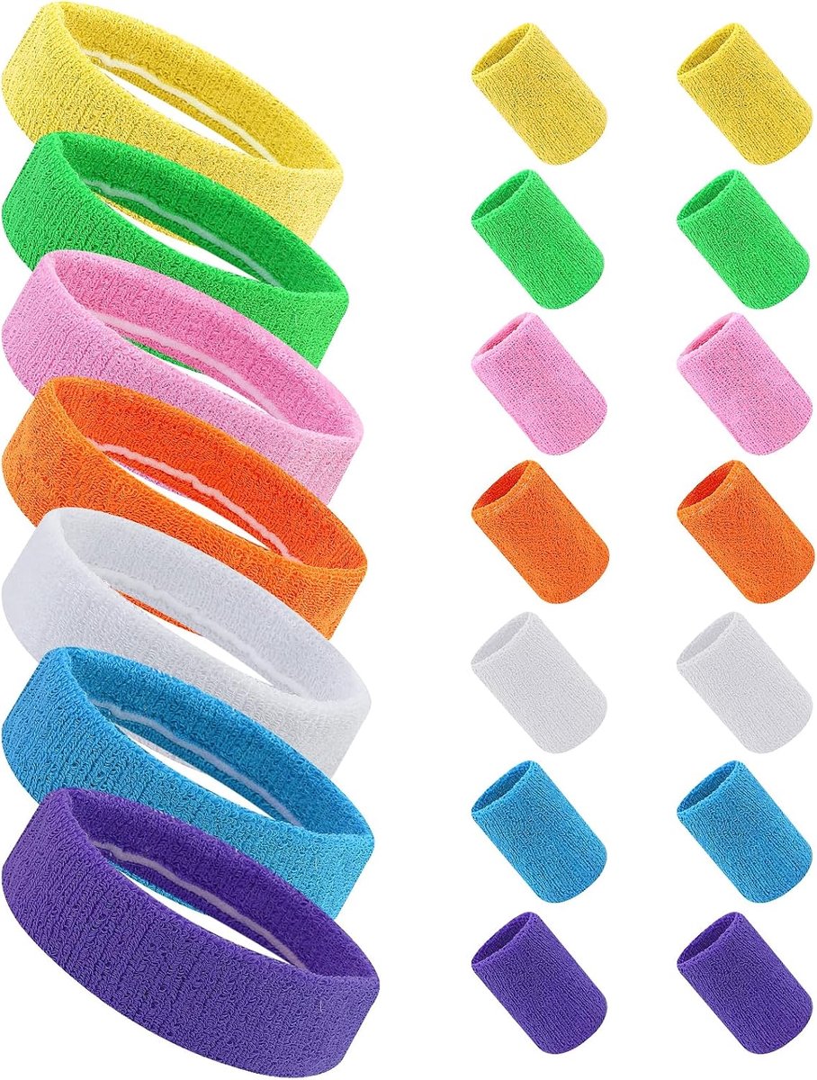 Set van 21 neon zweetbanden Set 80, 7 kleuren hoofdband met 14 polsbanden, absorberende badstof zweetband voor hardlopen, fietsen, carnaval