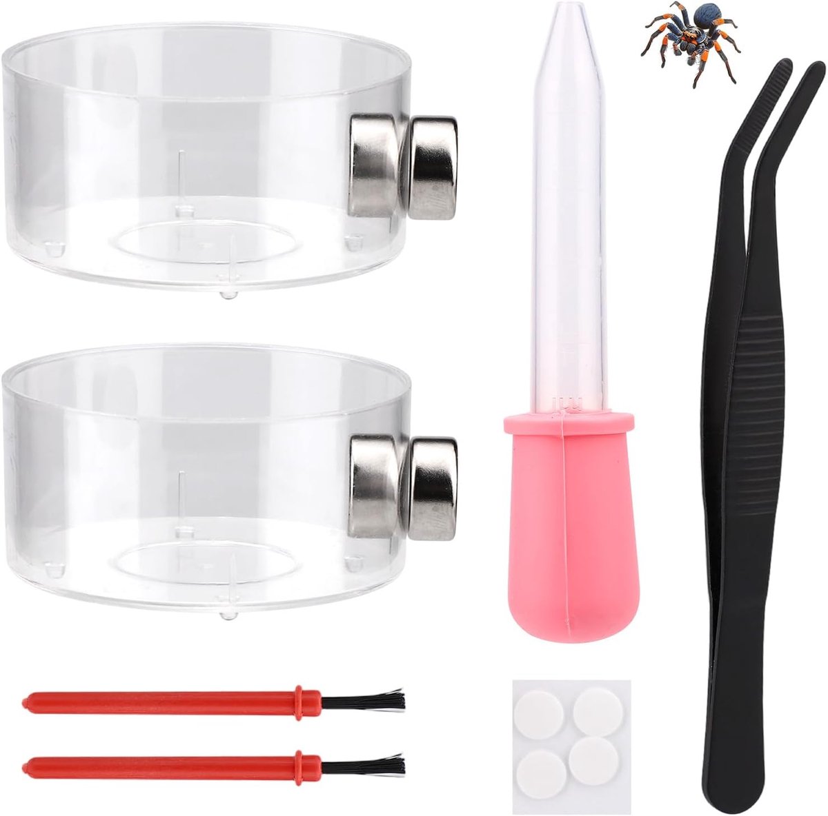 6 Stuks Springspin Voederbak Set, Omvat 2 Magnetische Waterbak Schotel 2 Penselen 1 Reptiel Voedertang & 1 Druppelaar Springspin Terrarium Accessoires Kit
