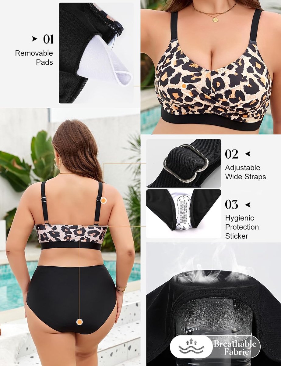 Plus size bikini‘s voor dames, set bestaande uit bikinitopje en bikinibroekje met hoge taille, met buikcontrole en geplooide details, badkleding, zwemkostuum, 2-delige set met kussentjes