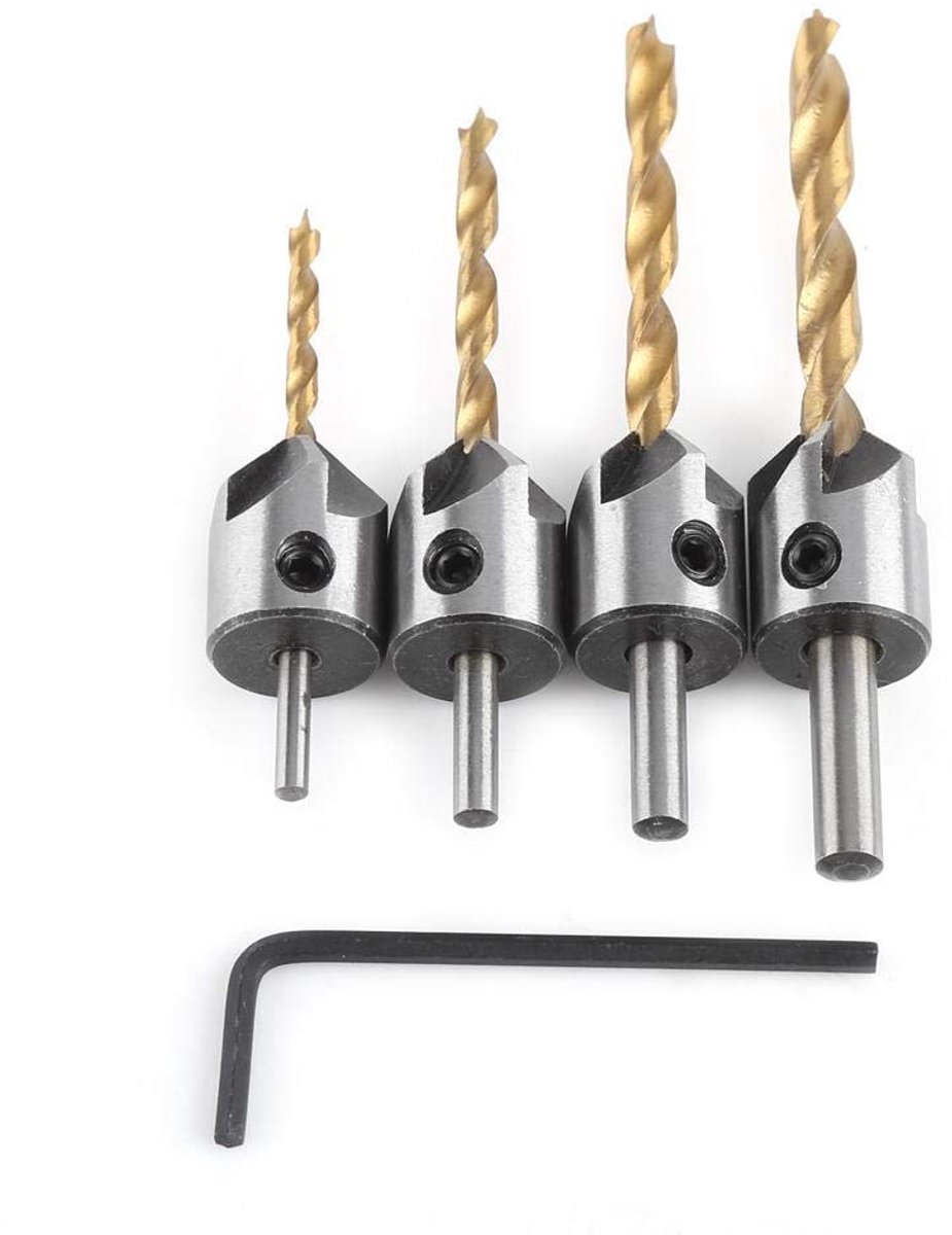 Afschuinfrees, 5 taps toelopende boor, met zeskantsleutel, afschuiningsgereedschap voor hout (4 stuks, 3-6 mm)