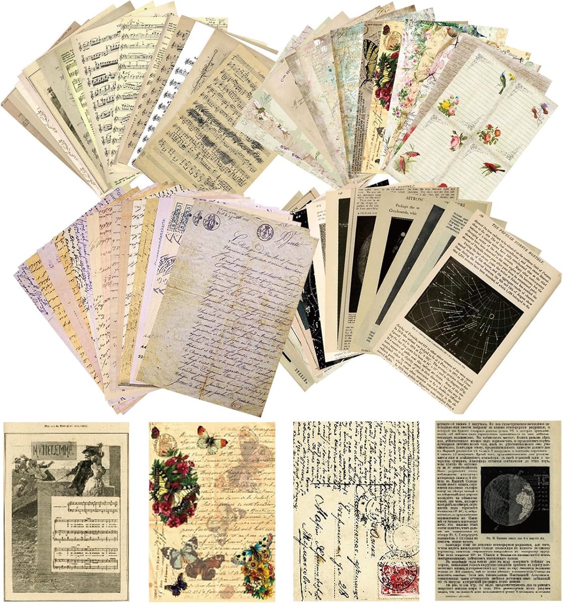 Allecta - Vintage Stickers Papier Decoratief voor DIY - Scrapbookpapier voor Ambachten, Tijdschriften en Geheugenalbums, 120 Vellen