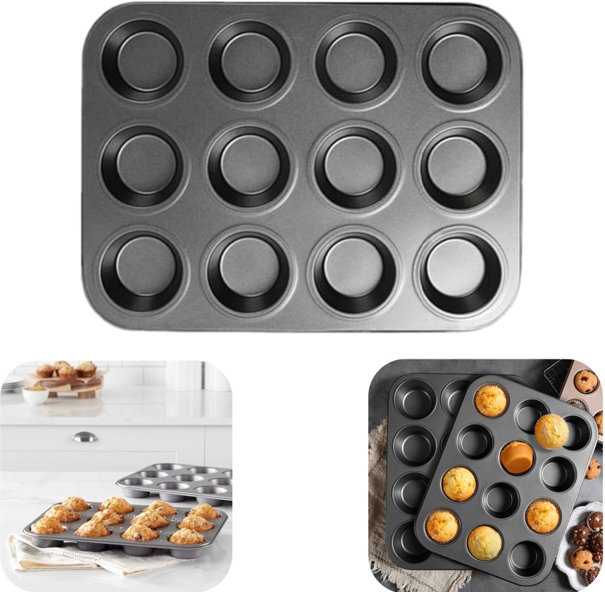 Mallen - Bakvormen - Muffinvormen - Cupcakebakvormen - Metalen vormen - Anti aanbak - Makkelijk schoon te maken - Grote capaciteit - Kookaccessoires - Geschikt voor keuken, taart, muffins (zwart, 25,5*19,5 cm)