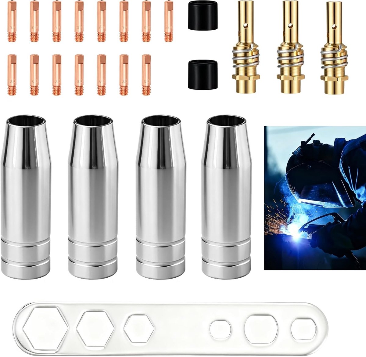 Contact bits set 25-delig - 15 M6 0.8 mm - met gasnozzles en insulators - ideaal voor MIG/MAG lassen - SnelShoppen