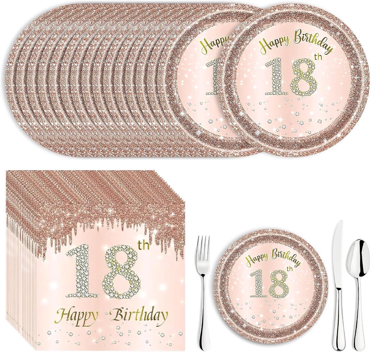 Papieren borden en servetten 18e verjaardag - 16 borden en 20 servetten - Roze design - SnelShoppen