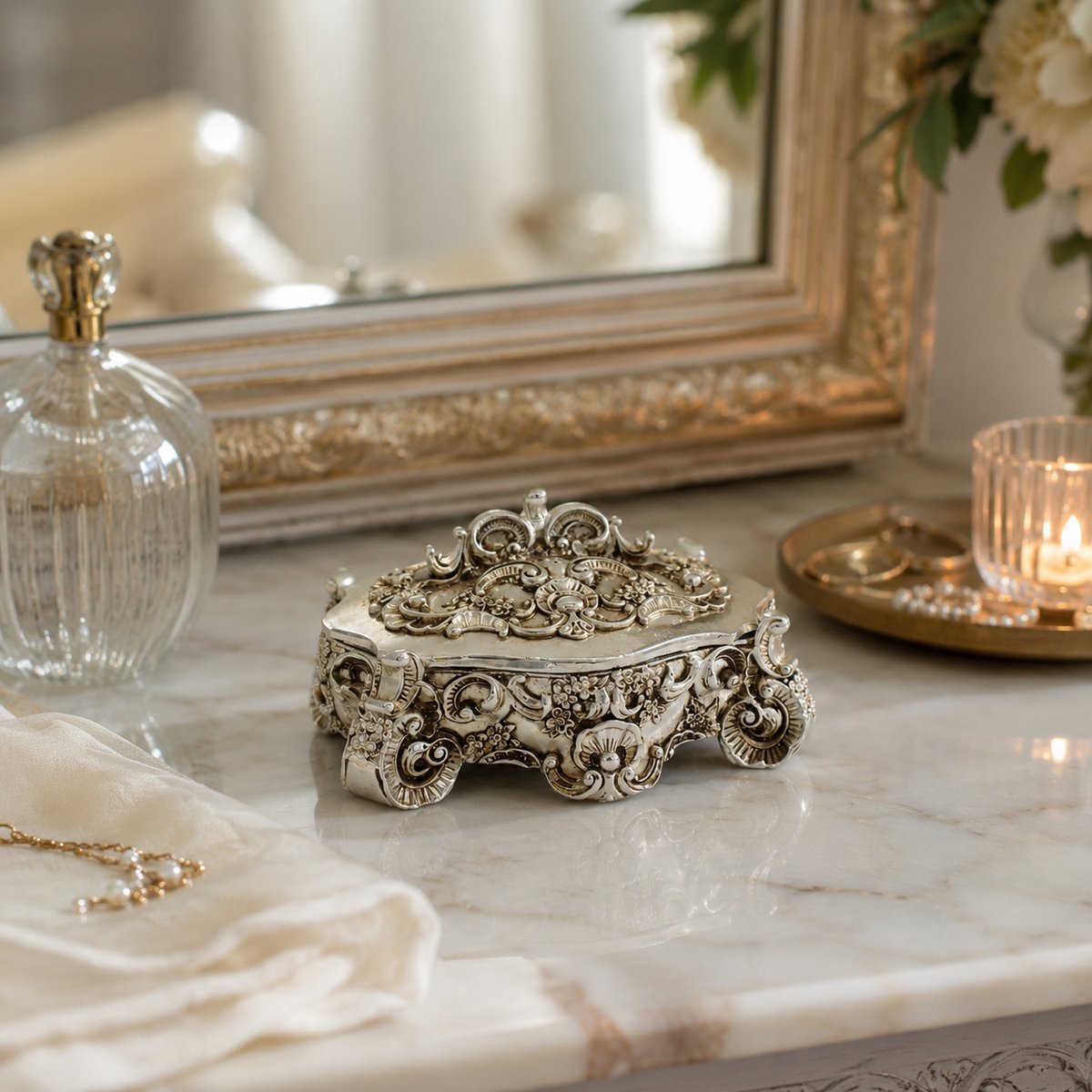 Luxe Sieradendoos Barok Zilverkleurig – Sieradendoosje / Juwelendoos / Opbergdoos met Deksel – Voor Ringen, Kettingen, Oorbellen, Armbanden & Accessoires – Vintage Woondecoratie voor Kaptafel, Dressoir of Nachtkastje – 15x10x15 cm