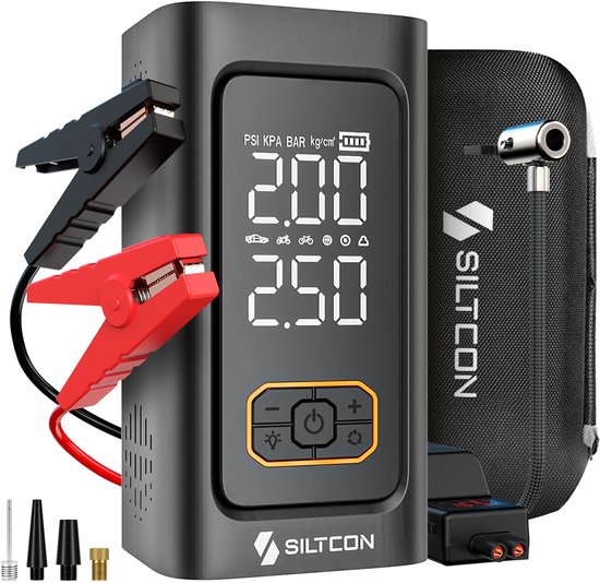 Siltcon® 12V 5-in-1 Jumpstarter voor Auto met Compressor - 2000A / 15.000 mAh Powerbank - Startkabels - 22.5W Snellader USB C - Bandenpomp Tot 10.8 Bar 35l/min - LED Zaklamp - SOS Noodlicht - Noodpakket - Alle Voertuigen - Booster - Incl. Opberghoes