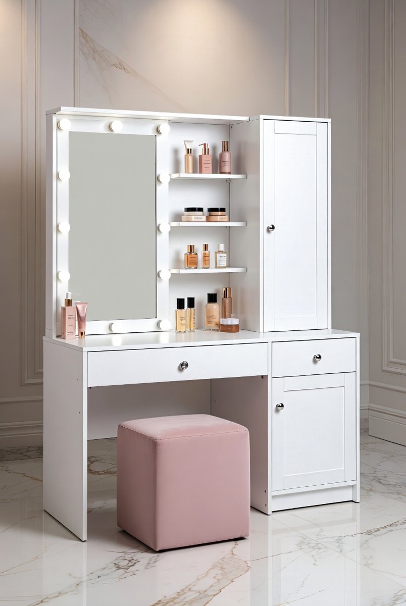 Luxe Kaptafel met Spiegel en Kruk – Wit – Industrohome