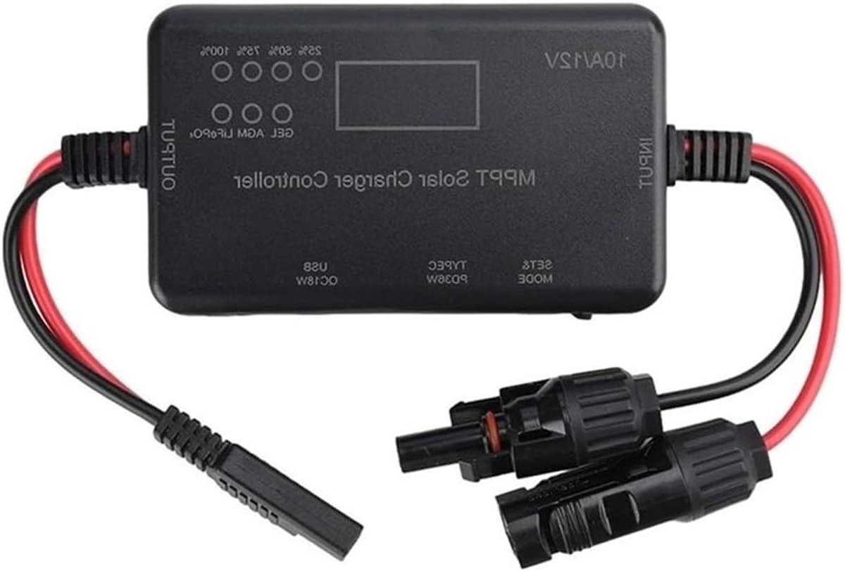 Zonne Laadregelaar - MPPT Regelaar - Accu Opladen - Type-C USB Uitgang - 10A - Zwart