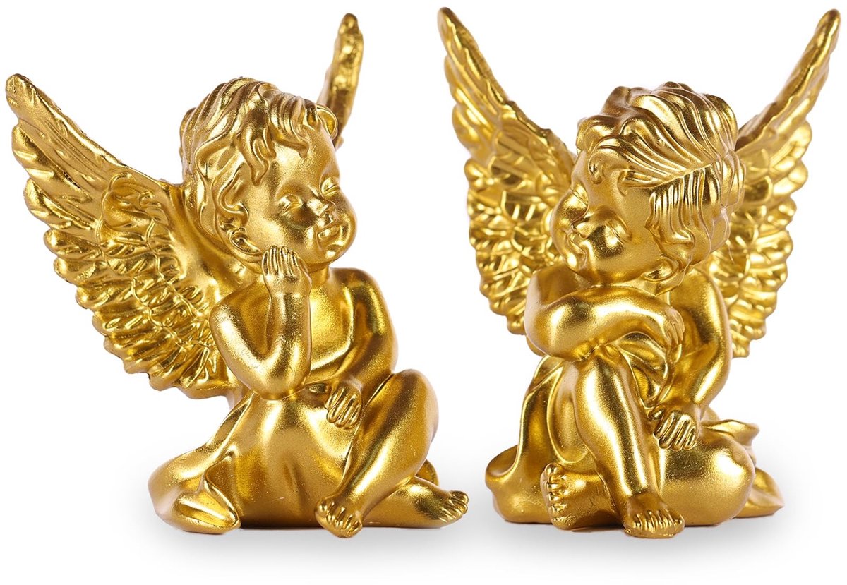 Dailygoods- Cherubijn Standbeeld 2 Stuks - Hars Sculptuur - Gouden Engel - Tuin Decoratie - Binnen/Buiten - 10 cm Hoog - Engelbeeld