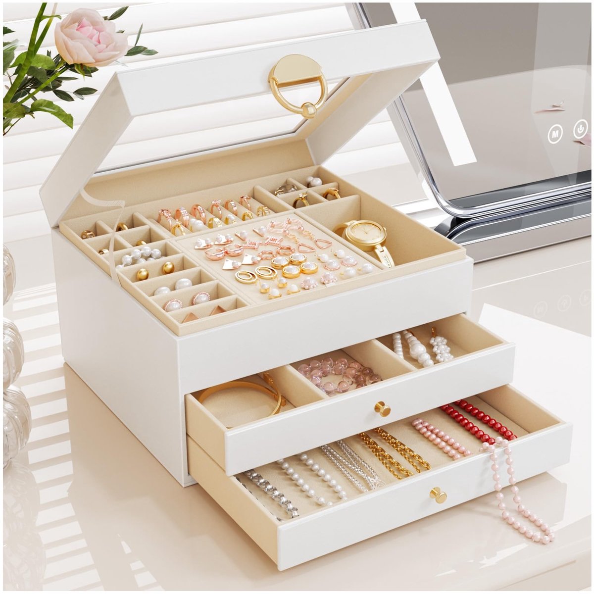 Dailygoods- Sieradendoosje grote organizer - 3 niveaus - transparant deksel - stevige opslag - fluwelen voering - 24 compartimenten - Sieradenorganizer