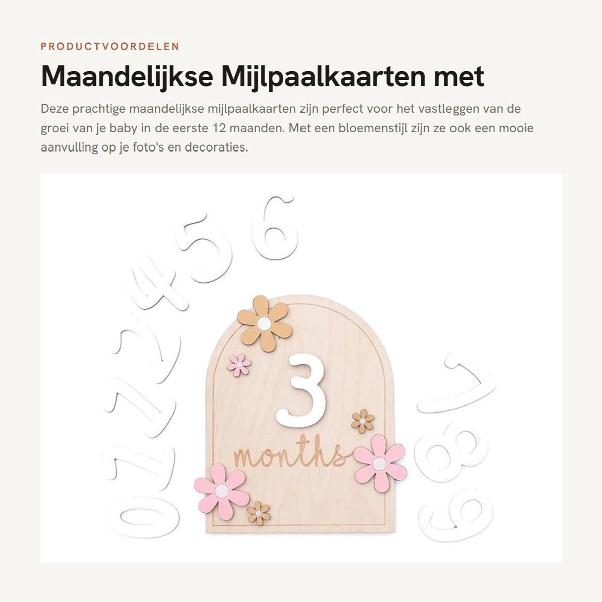 Dailygoods- Mijlpaalkaarten - Maandelijkse Foto-accessoires - Houten Cijfers - Bloemenstijl - Decoratie - 16 x 16 cm - Groeikaarten