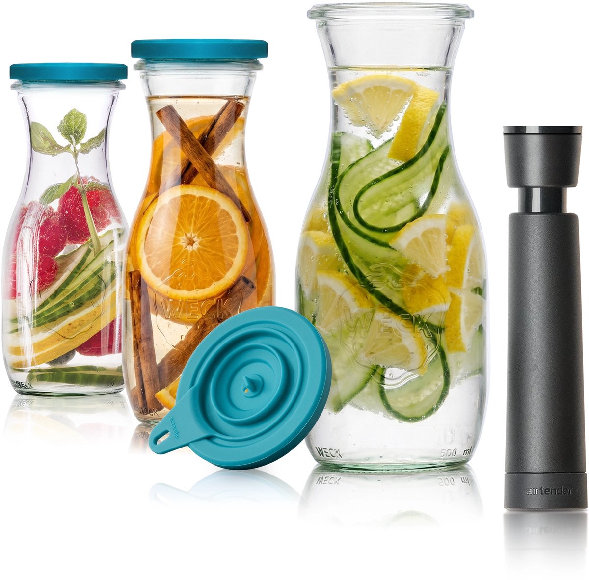 Airtender Waterkaraf 500ml (3st.) | Instant Water Infuser | 3Pack | 3x Waterkaraf van glas | 3x Vacuümdeksel + GRATIS -pomp | Infuseer water met fruit & kruiden | Plasticvrij | Zonder vacuüm te gebruiken | Vacumeer om de vitamines langer te bewaren