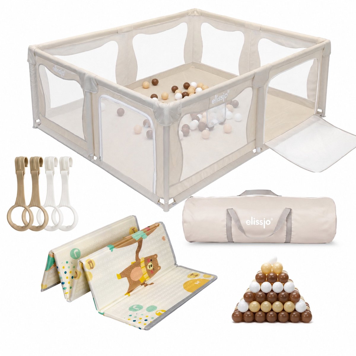 Elissio® - Grondbox Baby – Inclusief Dubbelzijdige Speelmat – Baby Speelbox met 50x Speelballen - Kinderbox - Playpen - 180x150 CM - Beige