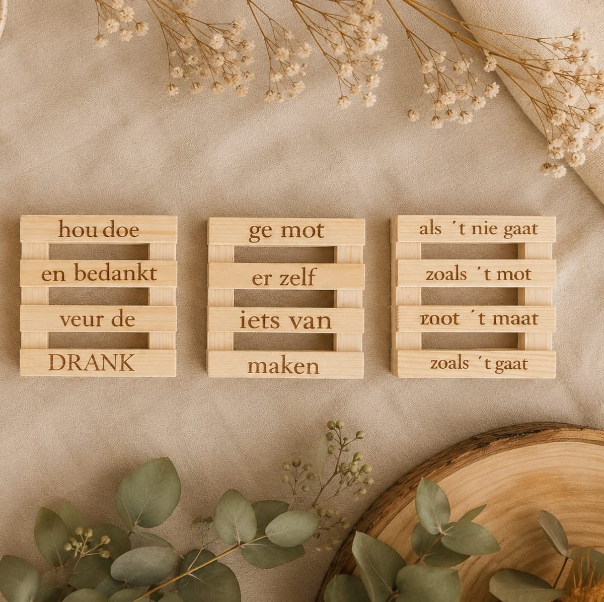 onderzetters | Hout | Palet | Uniek | Tekst |