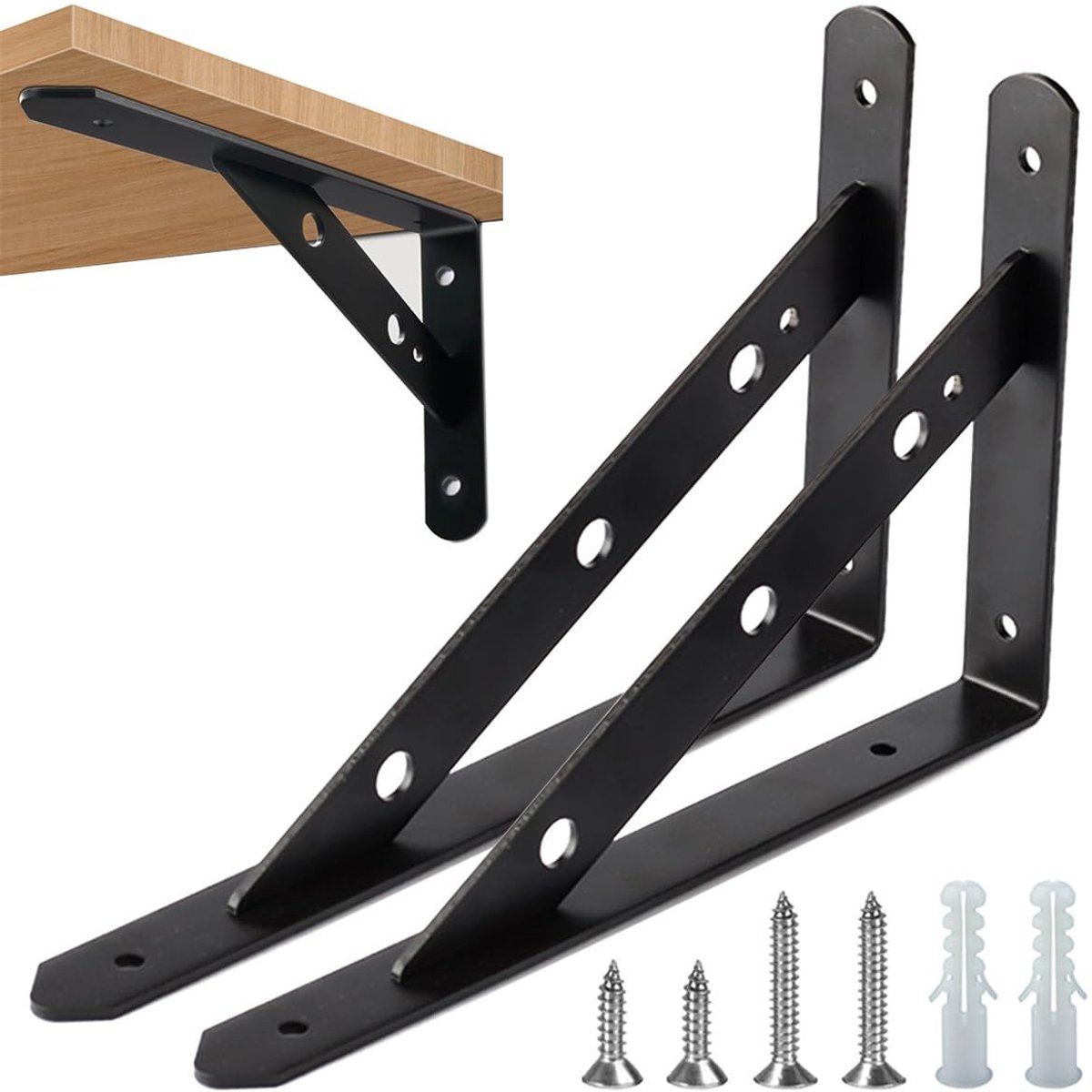 Dailygoods- Plankbeugels Zwaar Gebruik - Driehoek Plankdrager - Wandmontage - Plankondersteuners - 2-Pack - Hoogwaardig Staal 20,3 cm / 30,5 cm - Plankdragers