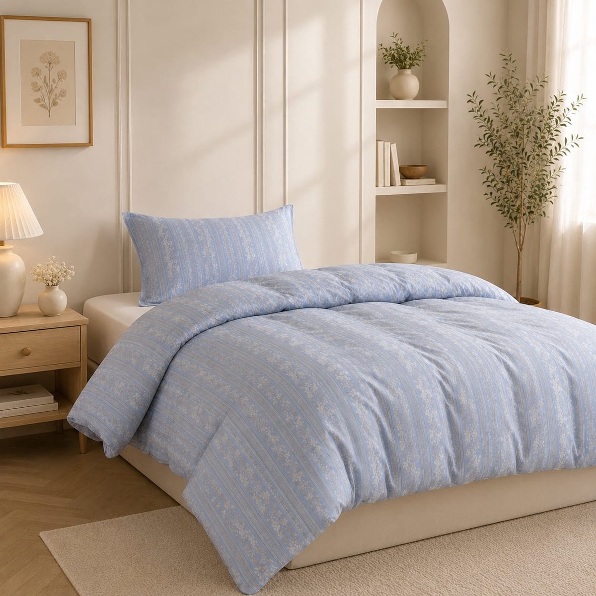 Dekbedovertrekset 135x200 cm blauw wit bloemen bladeren omkeerbaar beddengoed voor allergiepatiënten, esthetisch beddengoedset OEKO-TEX dekbedovertrek met ritssluiting en 1 kussensloop 80x80