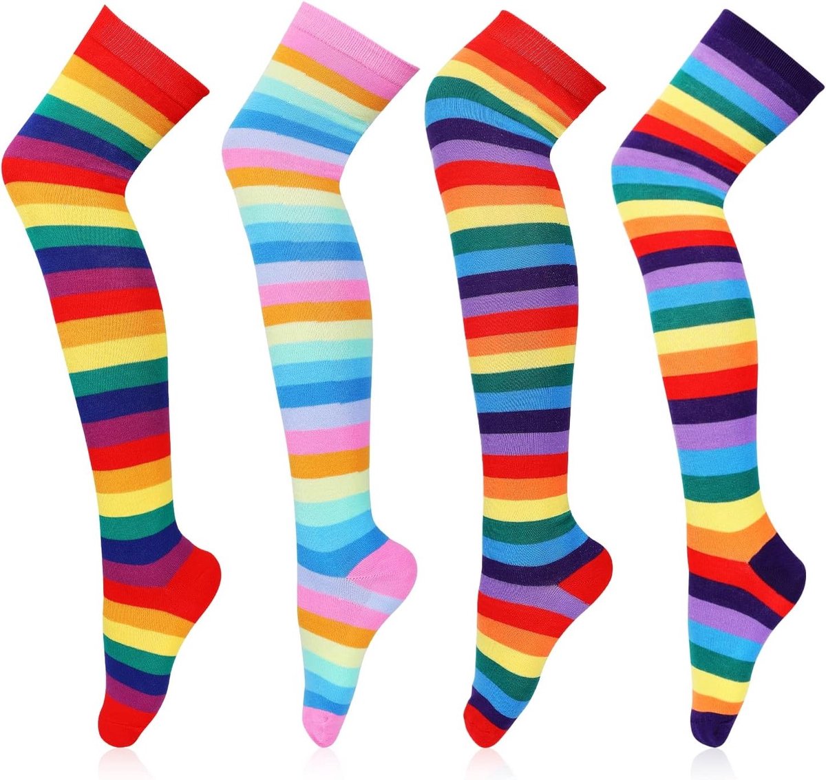 4 Paar Knie Hoge Regenboog Sokken met Strepen, Perfect voor Halloween en Feestjes, Ideaal voor Dames en Kostuums