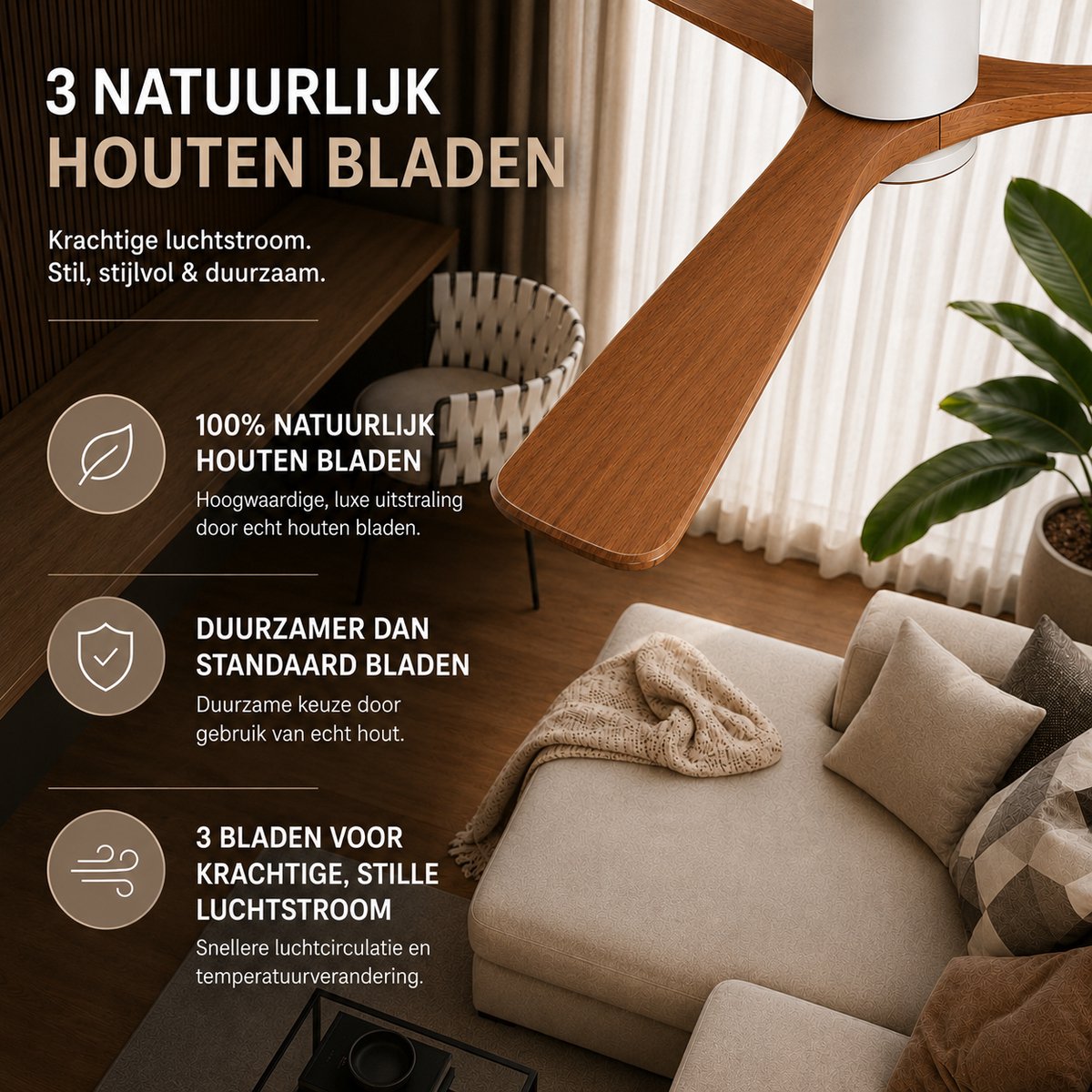 Smart Smart Plafondventilator Wit + Hout 132cm - App & Dimverlichting thumbnail 7