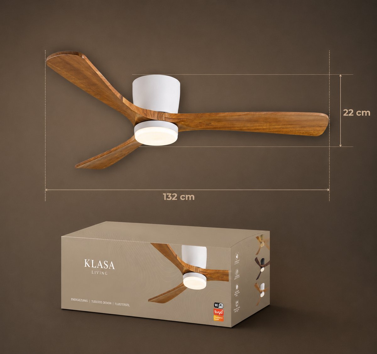 Smart Smart Plafondventilator Wit + Hout 132cm - App & Dimverlichting thumbnail 6