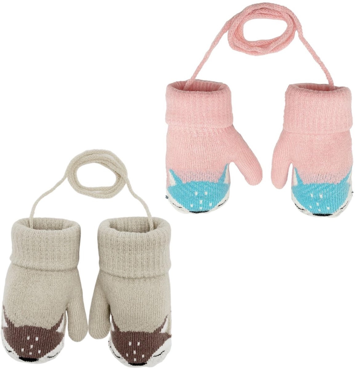 Dailygoods- Winterwanten 2 Paar - Gebreid - Fleece Gevoerd - Schattige Vossen - Antislip - Voor Babyjongens/Meisjes - Babyhandschoenen